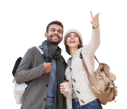 Beautiful happy couple winter portrait isolated transparent PNG, Young joyful smiling woman and man travel together isolated transparency, Love, travel, tourism, students concept - Powered by Adobe