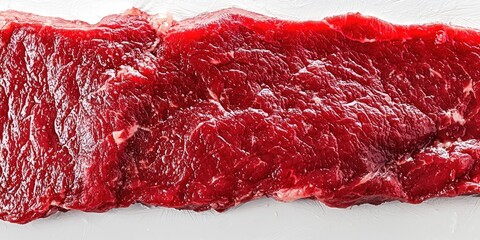 Close-up detail of raw steak muscle texture on white background