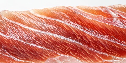 Close-up detail of raw steak muscle texture on white background