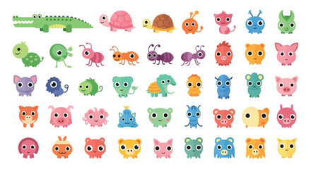 Vector illustration of collection of cute cartoon animals and monsters isolated on white background