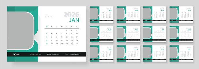 New Year 2026 desk calendar. Minimalist desk Calendar 2026 template. Calendar template for 2026 with week start on Sunday.