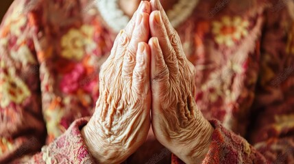 Close-up of elderly praying hands on soft light background