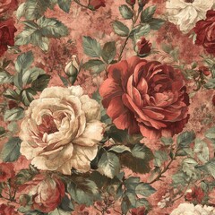 Vintage Floral Pattern with Roses and Leaves in Rich Earthy Tones