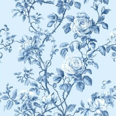 Blue Floral Pattern with Roses and Leaves in Vintage Style