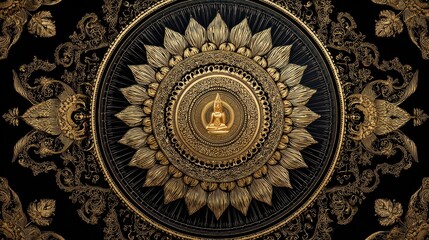 Intricate Golden Mandala Design Featuring Buddha in Centerpiece