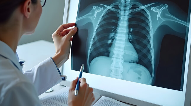 Female doctor reviewing a patient's chest X-ray film for medical assessment and diagnosis.