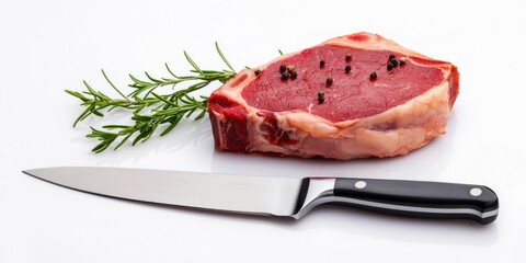 Close-up of meat steak and stainless steak knife on white background