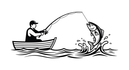 Fisherman Catching Fish in a Boat, Black and White Illustration