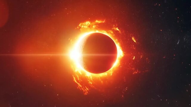 Solar eclipse with dynamic fiery corona and luminous planetary rings in deep space, cosmic event 3D animated video footage.