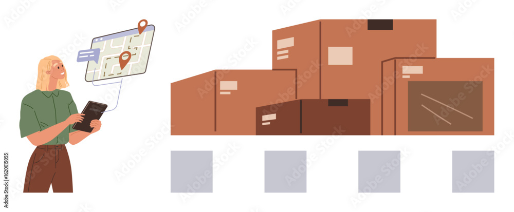Poster woman using a digital device and map with location markers, overseeing stacked brown boxes signifyin