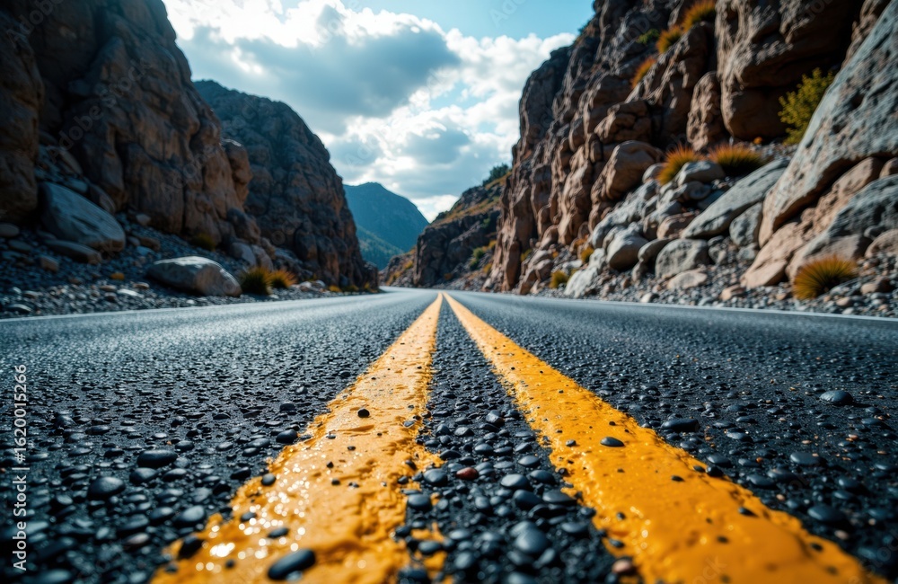 Poster a long empty mountain road with double yellow lines stretching into the distance under a partly clou