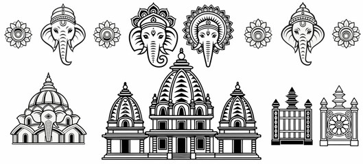 Ganesh Chaturthi, also known as Vinayaka Chaturthi, a detailed vector collection of traditional Indian temple architecture and Ganesha line art with cultural motifs and ornamental design elements