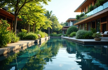 Obraz premium Woman relaxing by a luxurious outdoor pool surrounded by lush greenery and modern architecture