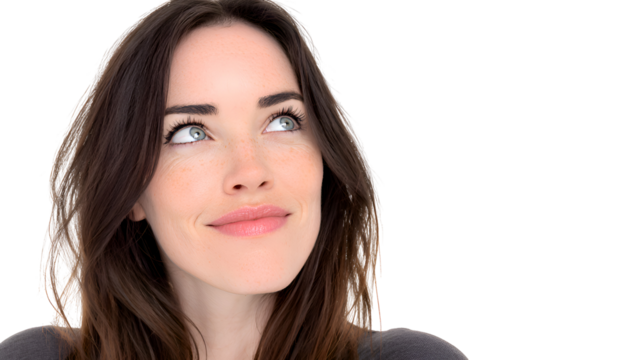 Portrait of a Pensive Young Woman with Brown Hair and Freckles Looking Upward Against a Clean White Background, a Thoughtful Expression Illuminates