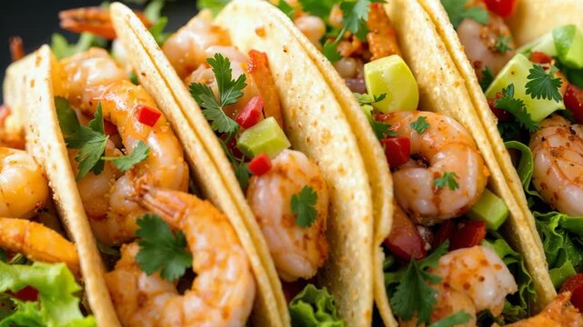 Delicious shrimp tacos with cilantro, lime, and fresh vegetables.