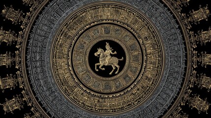 Obraz premium Intricate Rotating Mandala with Ancient Warrior on Horseback Design