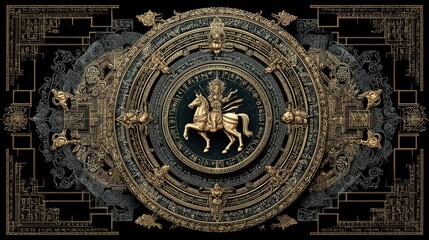 Obraz premium Intricate Gold and Black Mandala Featuring Mythical Horse Design