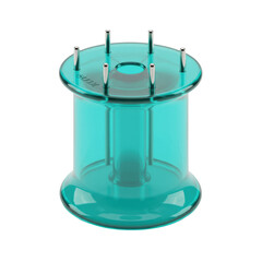 Pristine 6-inch translucent vibrant teal plastic spool knitter with metal pegs on transparent isolated background, bright studio lighting, no shadows, professional product photography concept