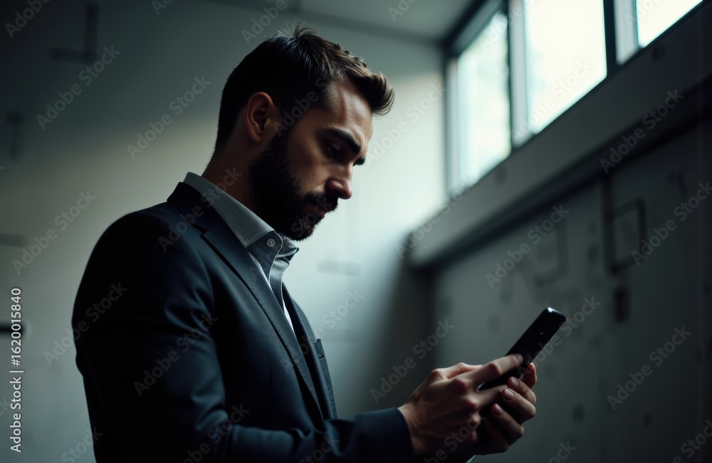 Poster a man in formal attire using a smartphone in a modern indoor setting