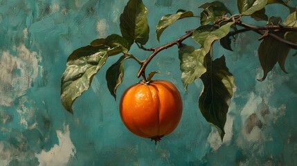 A vibrant, realistic still life featuring an orange fruit hanging from a branch with green leaves, set against a textured blue and white background, evoking a rustic, fruits background.