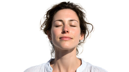 Portrait of a Serene Woman with Eyes Closed, Relaxed in Soft Sunlight, Wearing a White Shirt Against a Transparent Background.  The image showcases