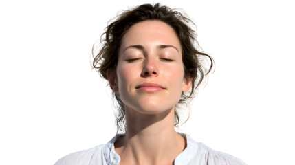 Portrait of a Serene Woman with Eyes Closed, Relaxed in Soft Sunlight, Wearing a White Shirt Against a Transparent Background.  The image showcases