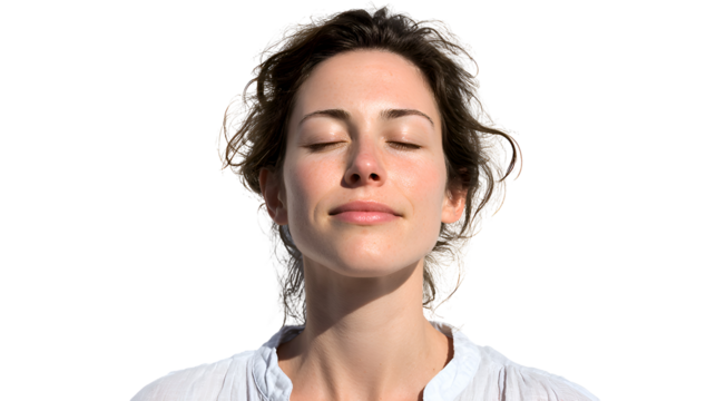 Portrait of a Serene Woman with Eyes Closed, Relaxed in Soft Sunlight, Wearing a White Shirt Against a Transparent Background.  The image showcases