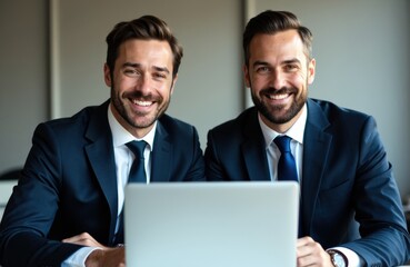 Fototapeta premium Two smiling businessmen in suits working together on a laptop in a modern office setting