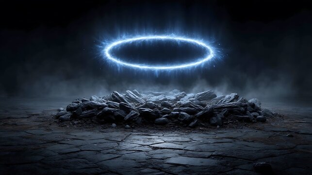 A halo of layered concentric rings made of diffused energy light, softly glowing and surrounded by floating reflective shards