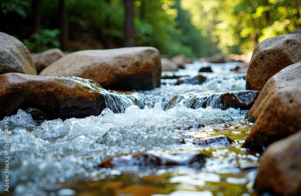 Poster flowing mountain stream with smooth rocks and clear water in a lush forest setting