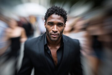 Obraz premium Confident black man in suit walking through crowd, Urban street scene with motion blur background, Stylish professional concept for success themes