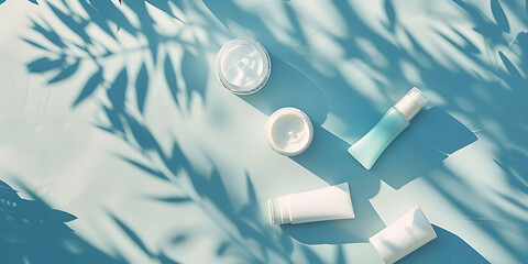 White Cosmetic Containers with Leaf Shadows on Blue Background

