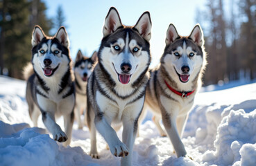Naklejka premium Husky dogs running through snow in a winter landscape with trees in the background
