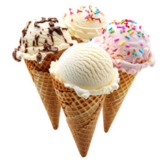 Four ice cream cones in various flavors