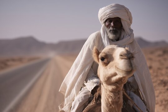 Elderly man rides camel on desert road, Bearded man in white turban and robe, Traditional travel in arid mountain landscape