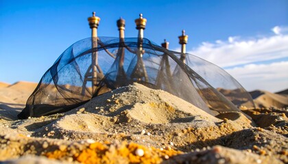 Desert pipes covered in netting