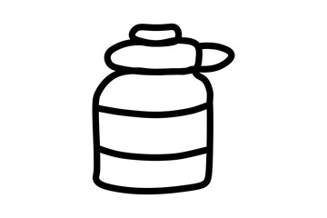 The image shows a simple, black outline drawing of a water bottle or thermos. It has a cylindrical body with two horizontal lines that might indicate a label or textured grip. 