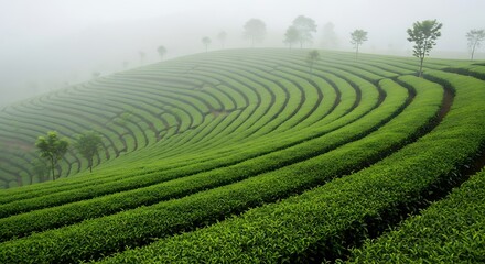 Serene Green Tea Plantation Landscape with Misty Haze and Scattered Trees