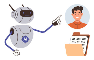 AI robot gesturing toward a smiling man, reviewing binary-coded clipboard data. Ideal for technology, innovation, AI collaboration, machine learning, data sharing, communication automation. Simple