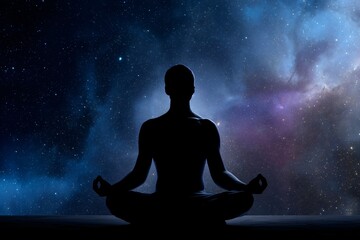 Man meditating in front of starry galaxy, Silhouette in lotus pose against universe, Cosmic peace and mindfulness concept