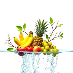 Crystal clear water sparkling with fresh ripe bananas, apples, grapes, pineapples, lychees, bright. Many healthy fruits together