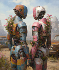 Two humanoid cyborgs standing side by side in a post-apocalyptic urban landscape