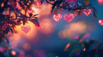 Pink glowing heart shape hanging on a tree branch with blurred bright background, symbol of love. Abstract bokeh lights for Valentine's Day.