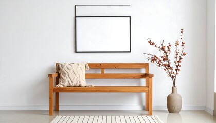 Empty frame on wall, wooden bench, decorative branches