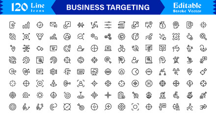 Premium Business Targeting Line Icon Set Featuring Modern Minimal Achievement Symbols and Professional Vector Elements for High-Impact Visuals and Unique Branding