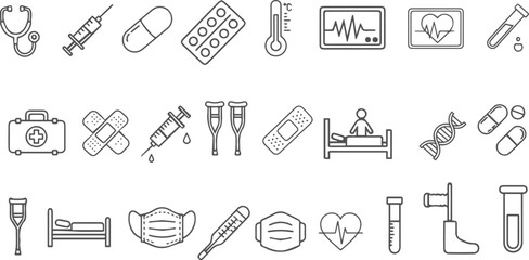 Medical Line Icons – Stethoscope, Syringe, Pill, Heartbeat, Bandage, Thermomete
