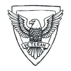 Veteran eagle emblem with shield and banner design in monochrome style. Vector illustration