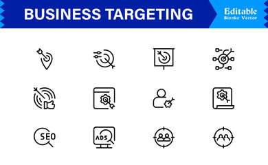 Premium Business Targeting Line Icon Set Featuring Modern Minimal Achievement Symbols and Professional Vector Elements for High-Impact Visuals and Unique Branding
