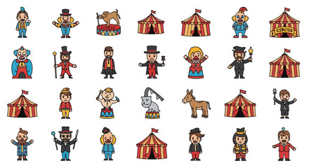 Vector illustration of collection of circus characters and elements