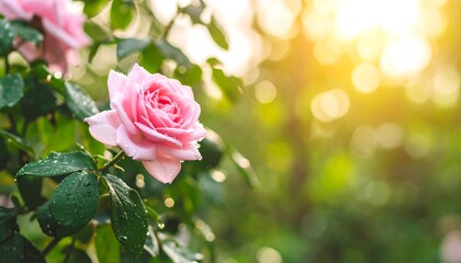 Pink rose in garden, sunlit